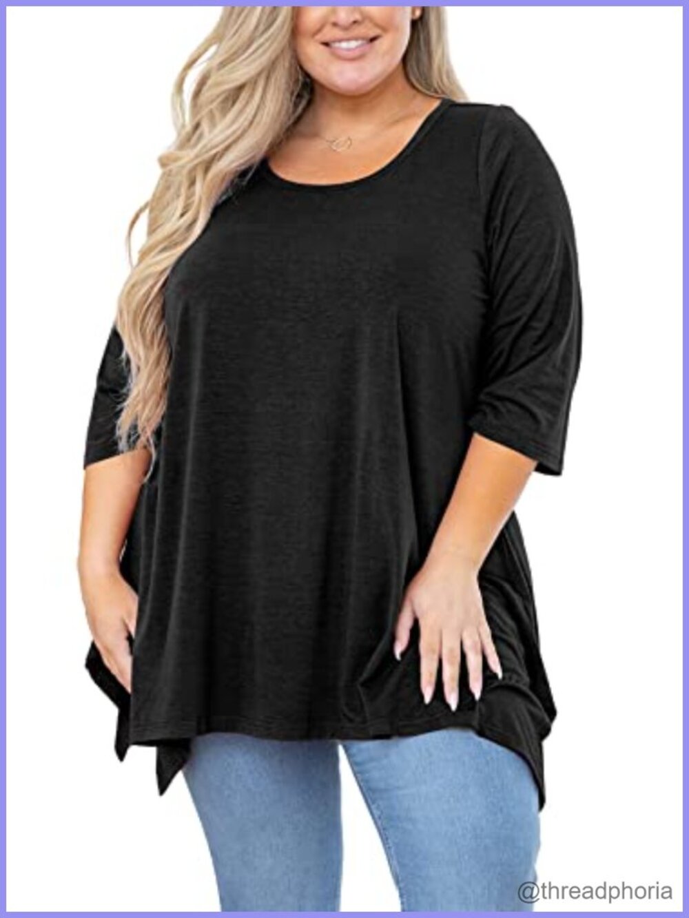 Plus Size Tunic Top 3/4 Sleeve Crew Neck Flowy Irregular Hem Work Travel